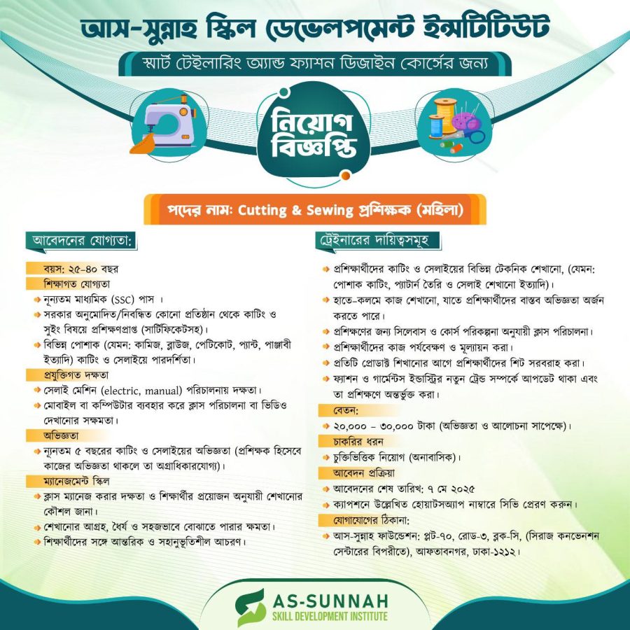আস-সুন্নাহ ফাউন্ডেশনে চাকরি, আবেদন ৭ মে পর্যন্ত